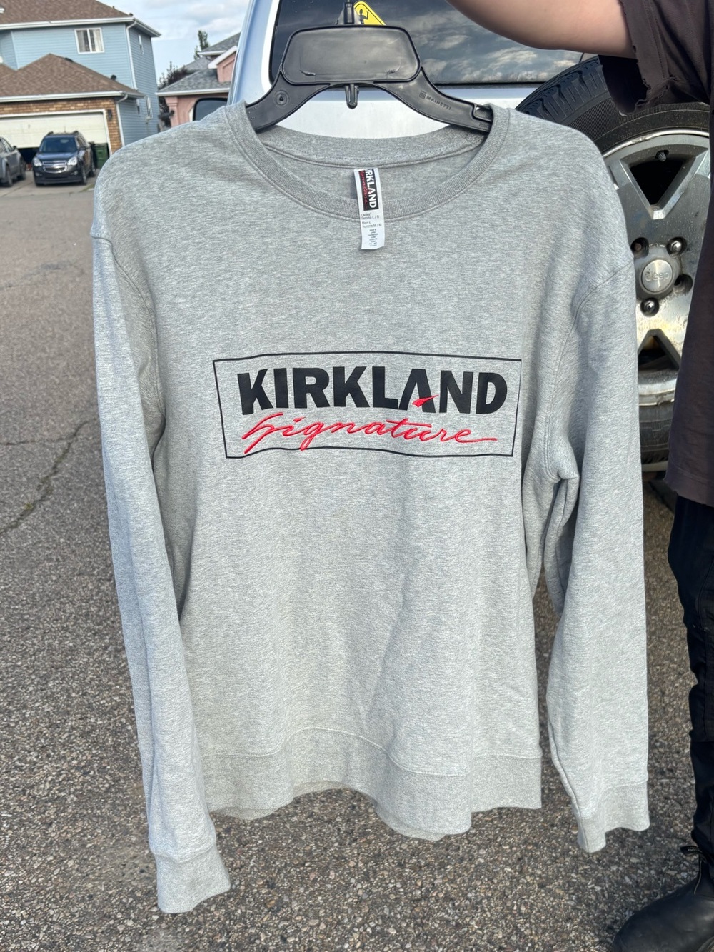 Kirkland Signature Light Gray Kids Crewneck Sweatshirt with Red Script Logo